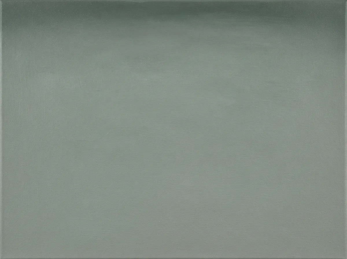 Edda Kron, Green Field: a muted gray-green color field of soft brushed layers