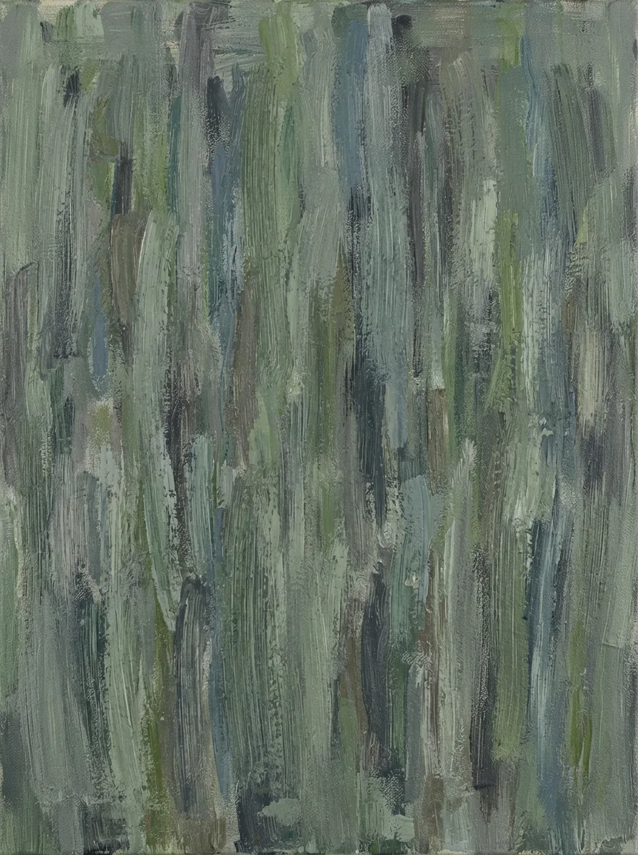 Edda Kron, Understory: dense vertical strokes of gray-green and dull blue