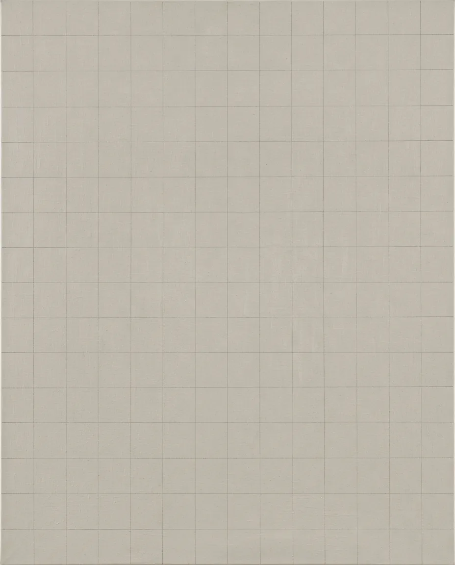 Mirei Osada, Grid Study II: a faint hand-drawn graphite grid on a pale warm-gray gesso ground