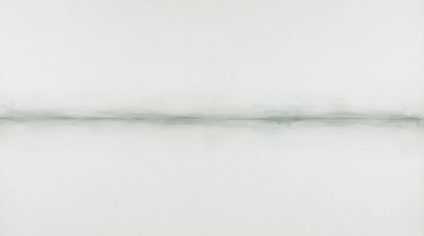 Mirei Osada, Horizon Line: a single horizon of thinned gray-green wash across a vast white gesso field